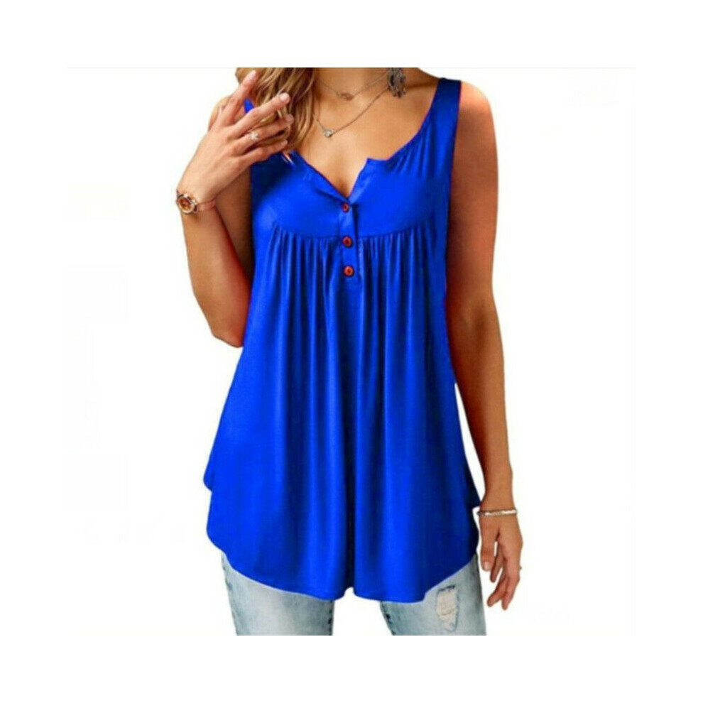 (Blue,XL)Tunique femme à volants col O swing chemisier bouton sans manches chemise décontractée hauts débardeur