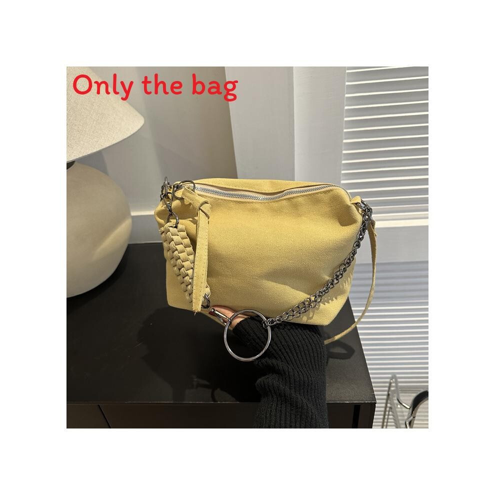 (Khaki)Bandolera De Lona De Un Solo Hombro Con Decoraciones De Cadena Y Color Liso-image