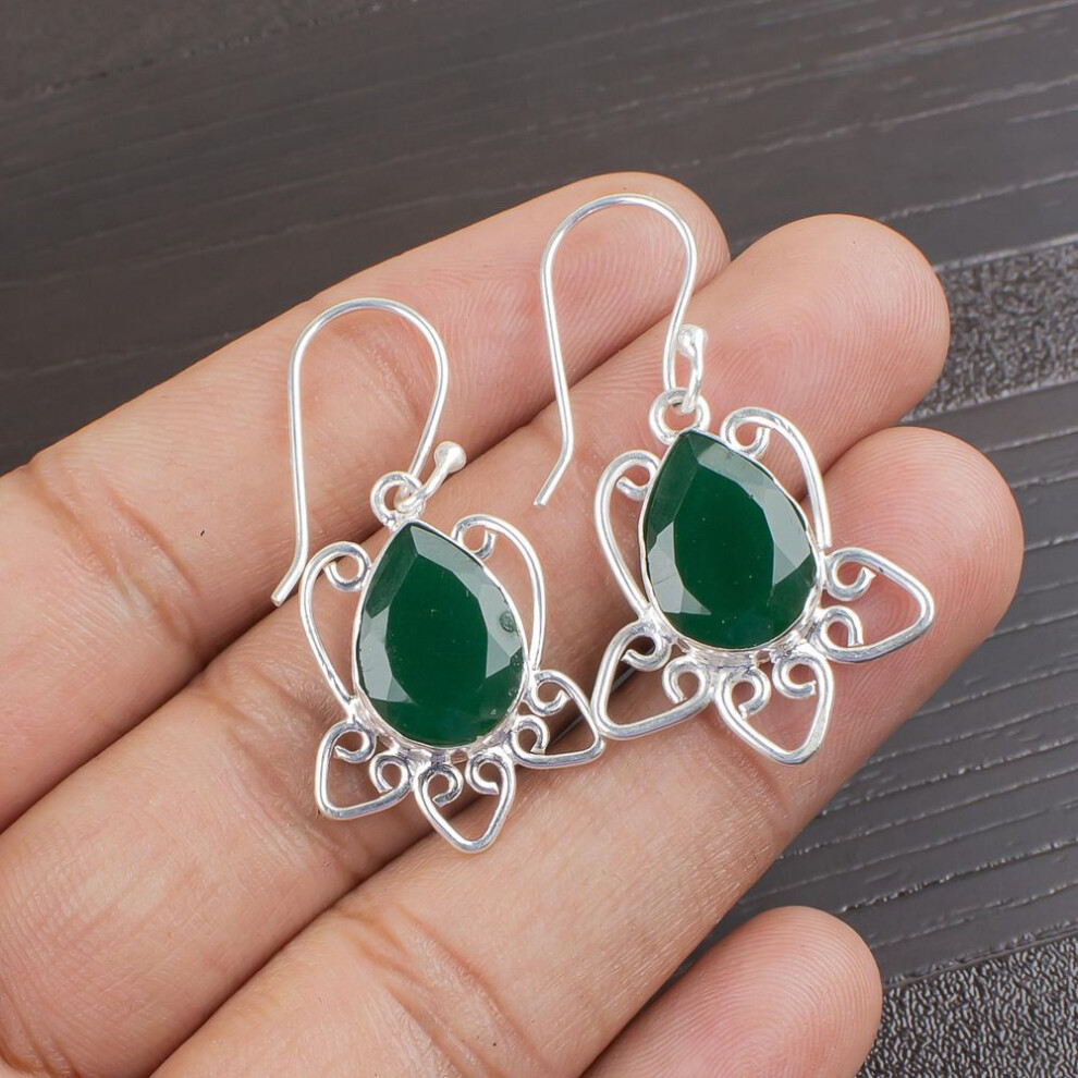 Faceted Green Onyx Gemstone Jewelry, 925 Sterling Silver Earrings, Onyx Silver Earrings For Wedding Gift