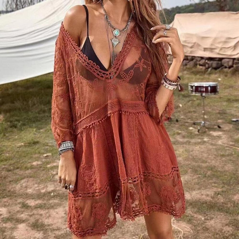(One Size, red) Swimsuits Woman  Sexy Beach Cover Up V-neck Women Beach Tunic Dress Sarong Bikini Cover Up Crochet Top For Women Beachwear