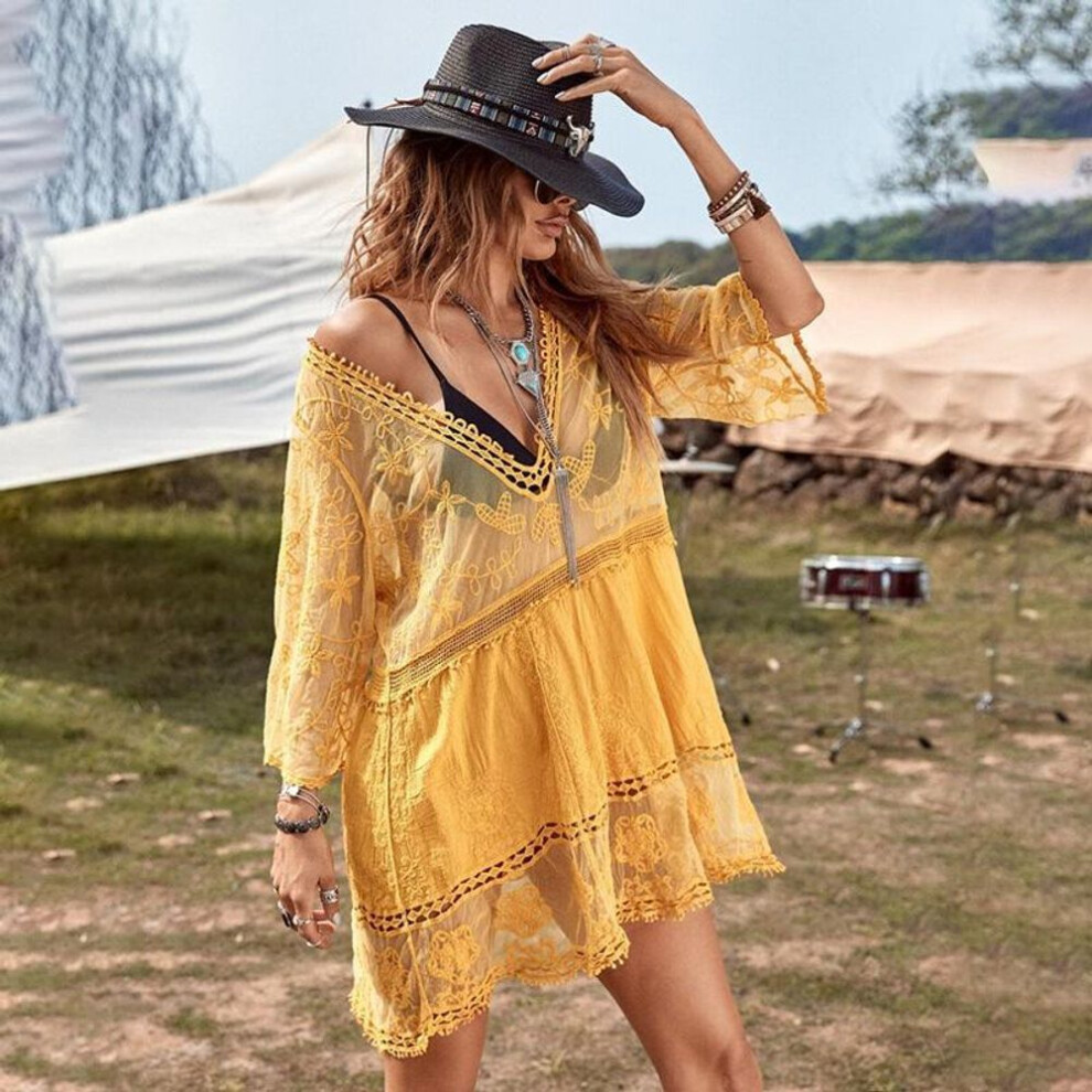 (One Size, yellow) Swimsuits Woman  Sexy Beach Cover Up V-neck Women Beach Tunic Dress Sarong Bikini Cover Up Crochet Top For Women Beachwear