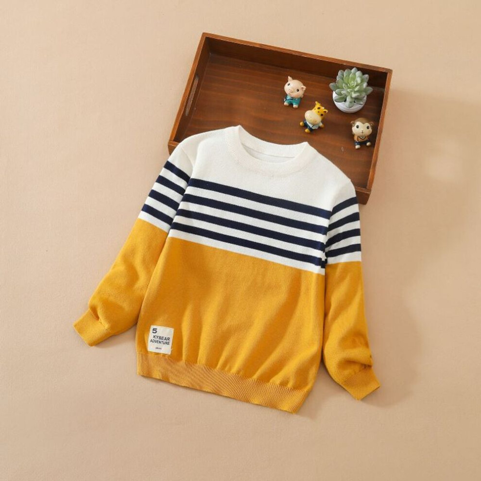 (yellow, 140) Spring Autumn Baby Boys Long Sleeves Cotton Knitted Solid Pullover Sweater Kids Cable Knit Clothing Long Sleeve Round Collar Striped Sweatshirt