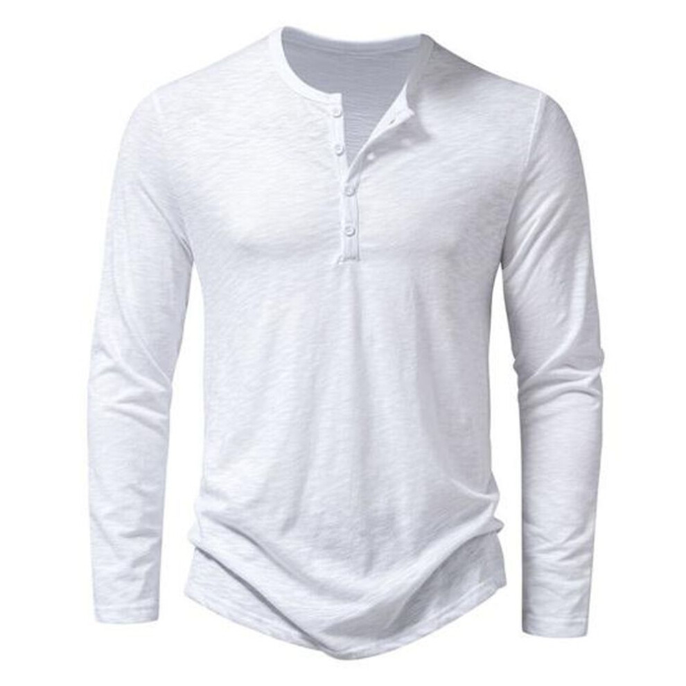 (white, 2XL) Men Autumn Winter O Neck Buttons Neckline T Shirt Long Sleeve Solid Color Slim Fit Bottoming Tee Shirt Streetwear
