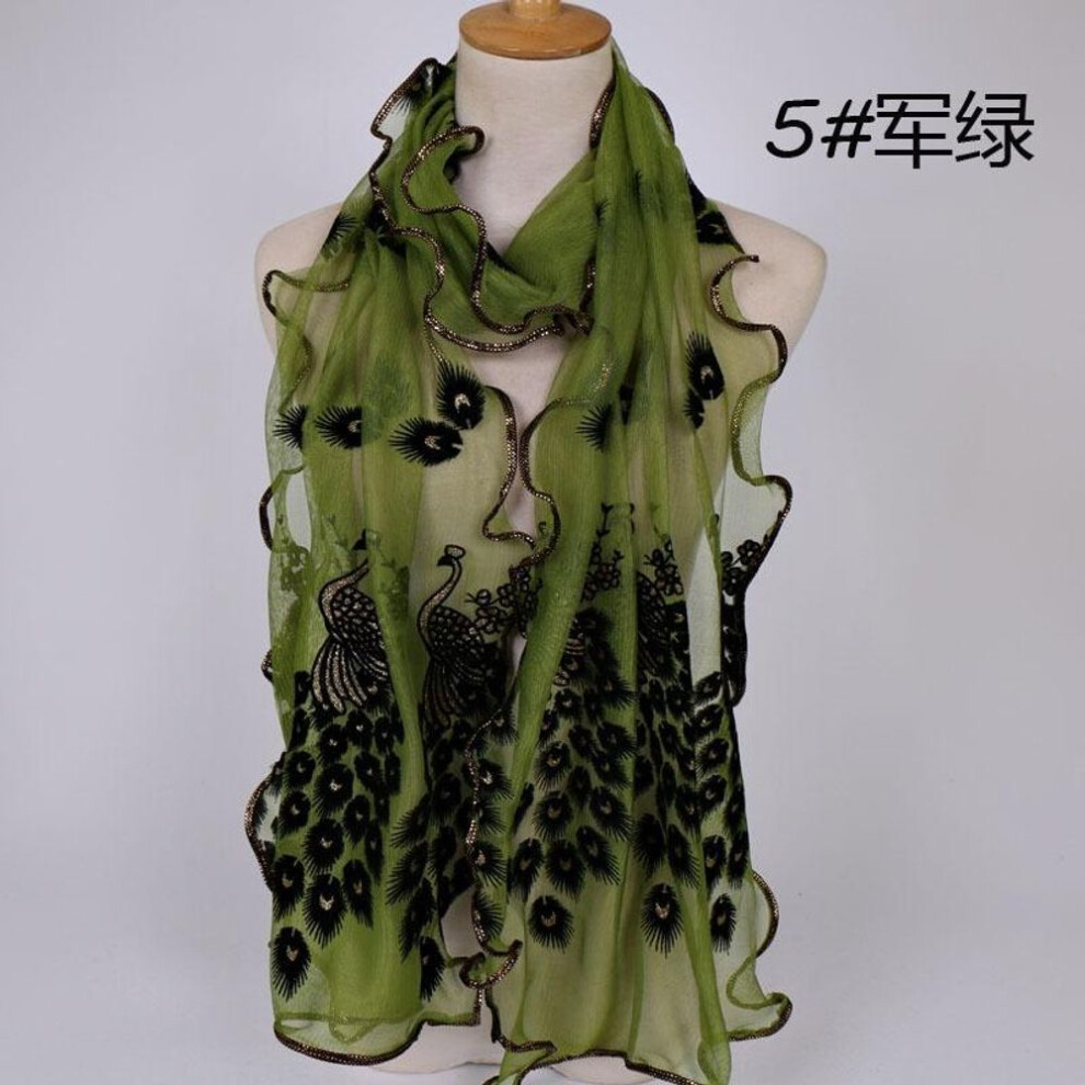 (army green) New Design Women Peacock Flower Embroidered Lace Scarf Long Soft Wrap Shawl Scarf Stole Pashmina Echarpes Foulards Femme