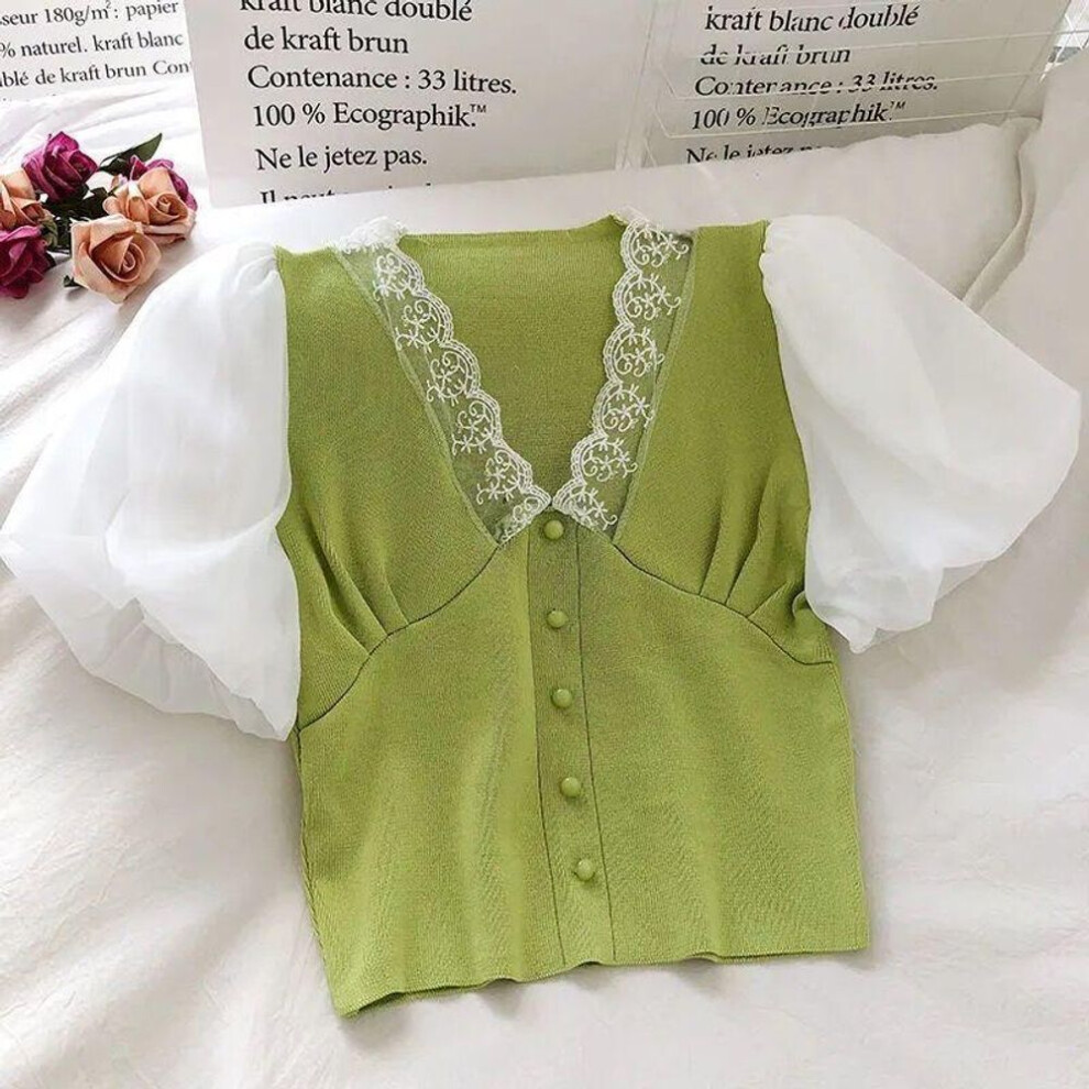 (suit 40-60kg, green) Sexy Lace Women's T-shirts Black White Bubble Sleeve Girls Y2k Tees Sexy Lady Casual T-shirts Fashion Tops