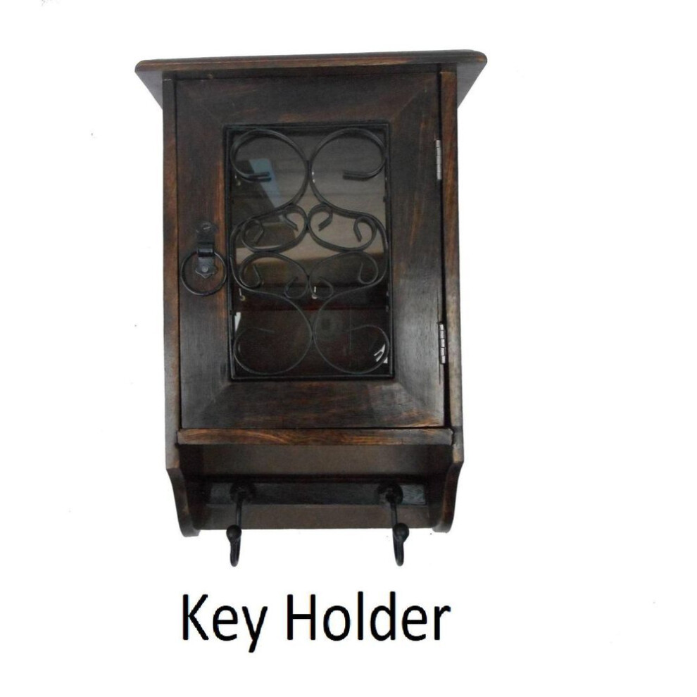 Handicraft Antique Look Wall Hanging Box Of Wood, Glass, Iron Key Holder  (8 Hooks, Brown)