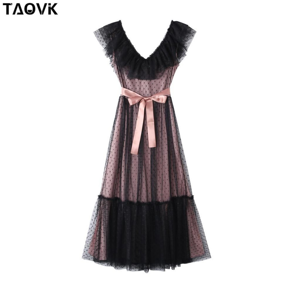 (black, S) Taovk Women's V Neck Sleeveless Lace Bridesmaid Dress Wedding Party Sexy Mesh Gown