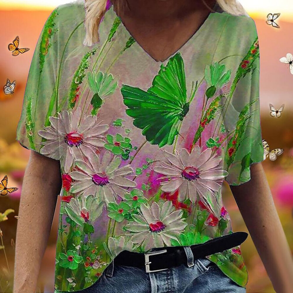 (L, android green) Plus Size T-shirts Cat Painting Print V-neck Short Sleeve Casual Top Pullover Summer Women T-shirt