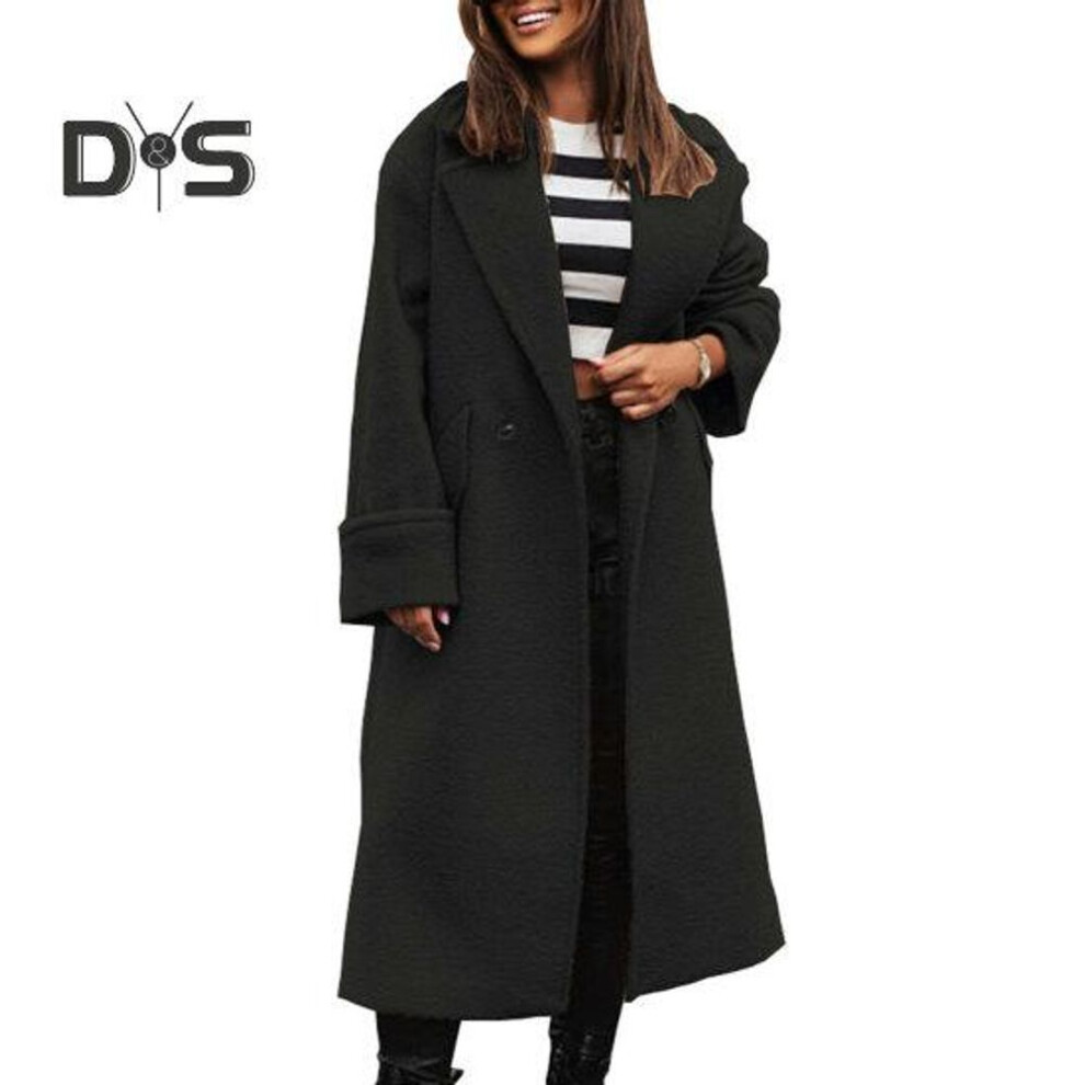 (black, L) Women Fall Winter Coat Lapel Loose Long Style Solid Color Thick Cardigan Warm Windproof Pockets Double Buttons Long Sleeve Lady Overcoat Outwear