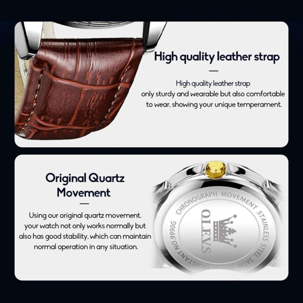 Olevs Watch Popular Waterproof Luminous Analog Watch Brown Leather Strap Business Watch Stylish Cool Quartz Watch Date Simple Men Watches Pressure