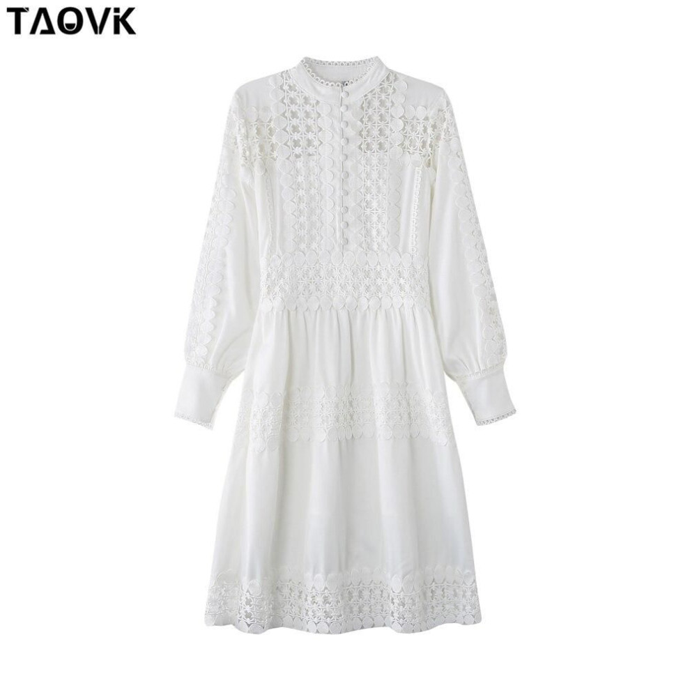 (white, S) Taovk Women's Stand Collar Knee-length Dress Solid Color Long Sleeve Hollow Stitching Dress