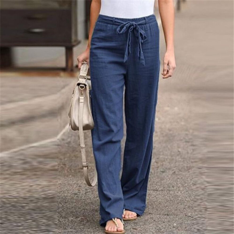 (blue, 5XL) Women Solid Linen Pants Lace Up Elastic Waist Loose Wide Leg Trousers Summer Casual Long Pants Plus Size S-5xl