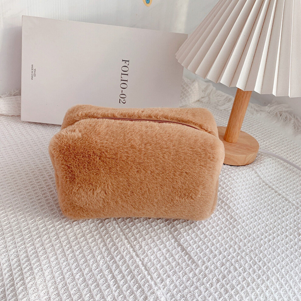 Plush Makeup Bag Lovely Soft Plush Fluffy Makeup Bag Fluffy Makeup Bag Portable Cosmetics Bag for Girls Brown