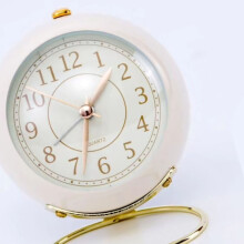 Small Round Clock Circular Base Mute Corrosion Resistance Quartz Bedside Alarm Clock with Night Light for Bedroom School Creamy White, Gold
