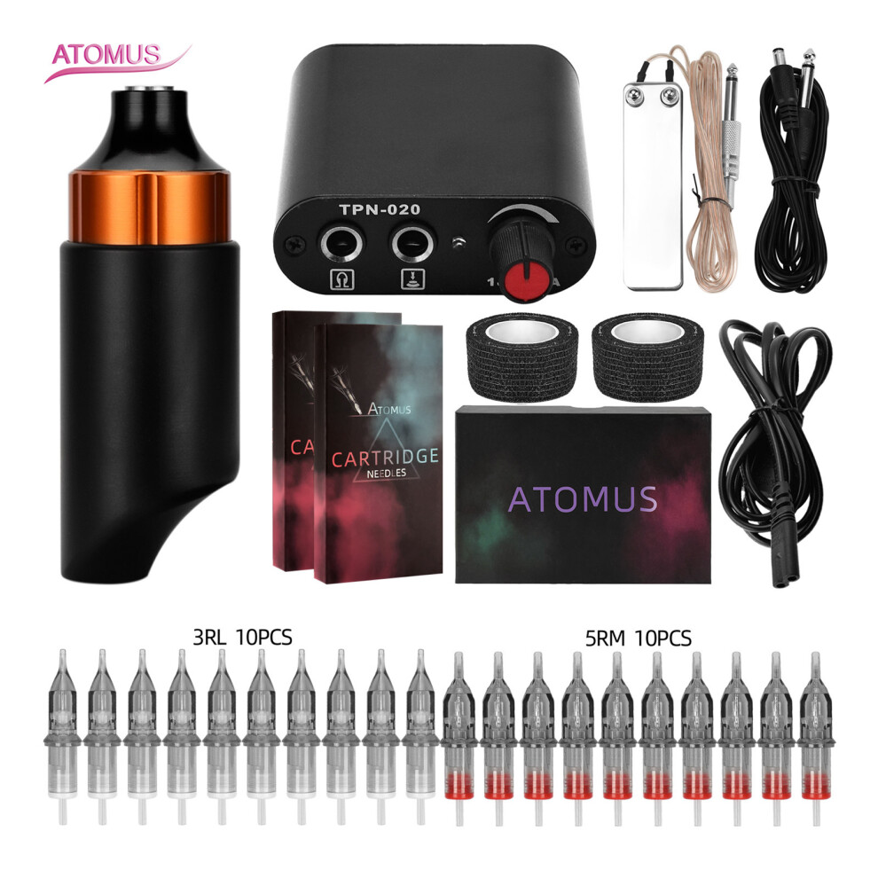 Orange Atomus Tattoo Set Short Rotary Tattoo Pen Cartridge Tattoo Needles Power Supply For Professional Beginners