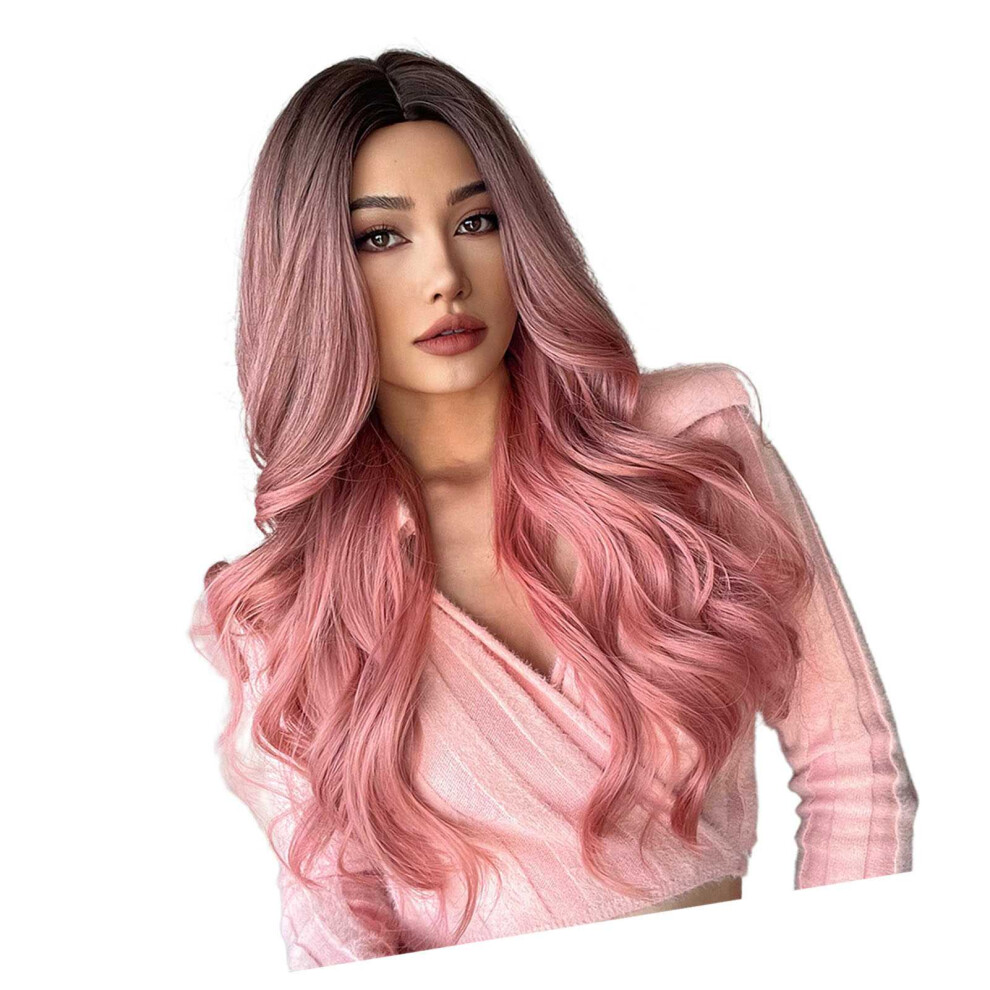 Unisex Pink Synthetic Wig Curly Wavy Wig Long Hairpiece
