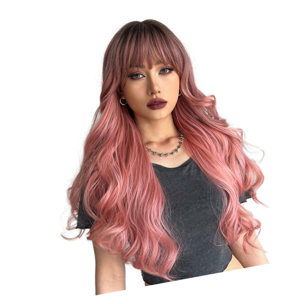 Unisex Pink Synthetic Wig Curly Wavy Wig Long Hairpiece