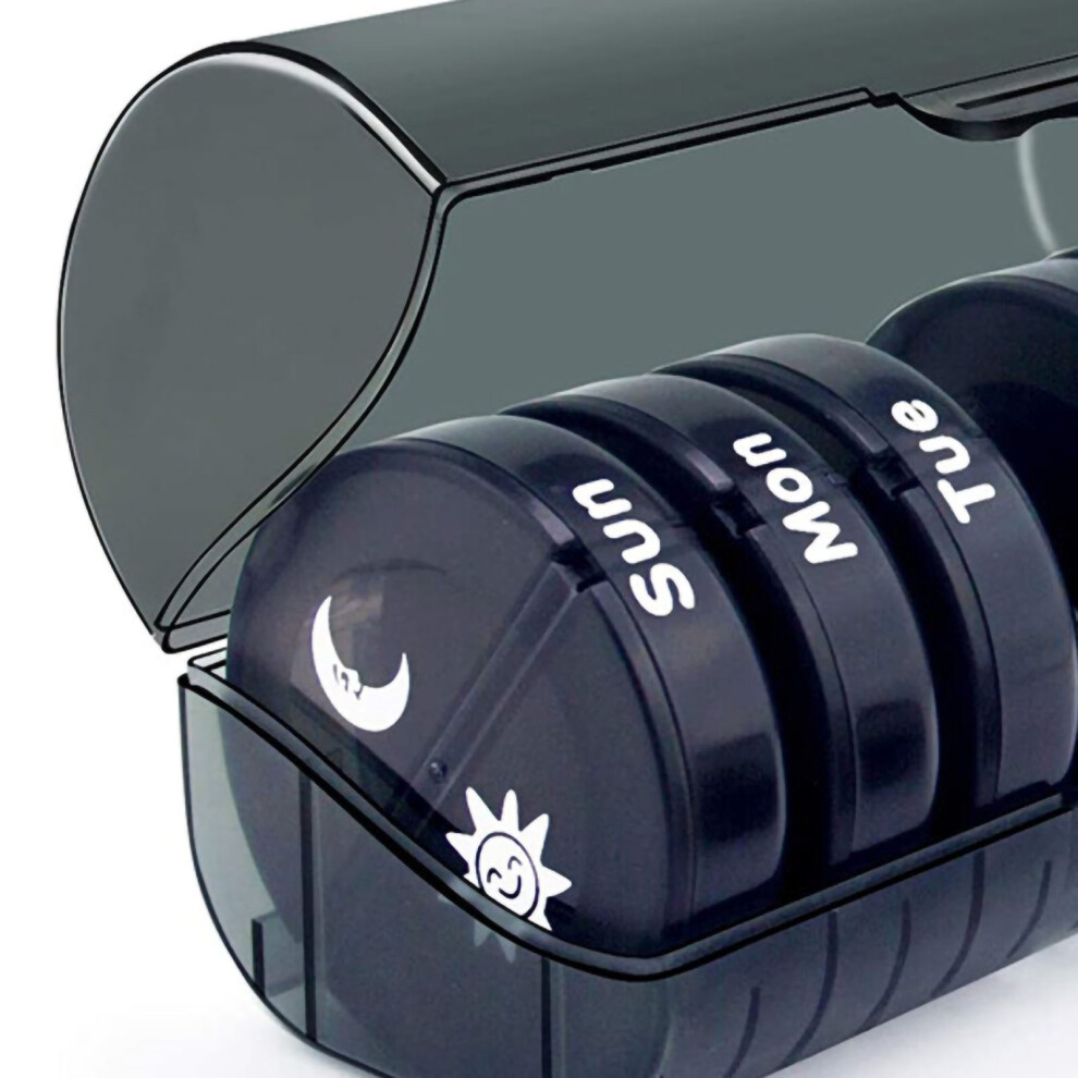 Black Round Mini Pill Case Moisture Proof 14 Compartment Medicine Box Portable Plastic Pill Case For 1 Week Morning Evening All