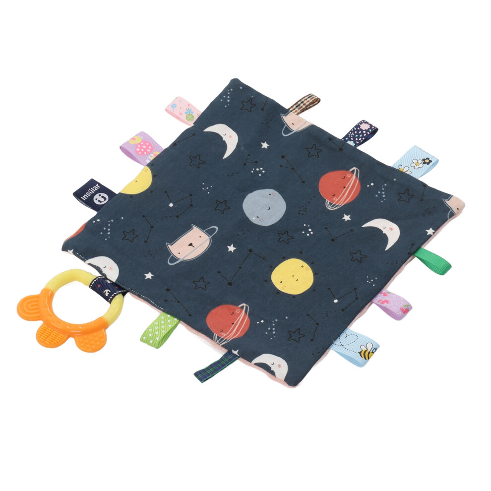 Baby Tags Security Blanket Soft Cute Space Pattern Infant Soothing Blanket with Teether Sensory Toy
