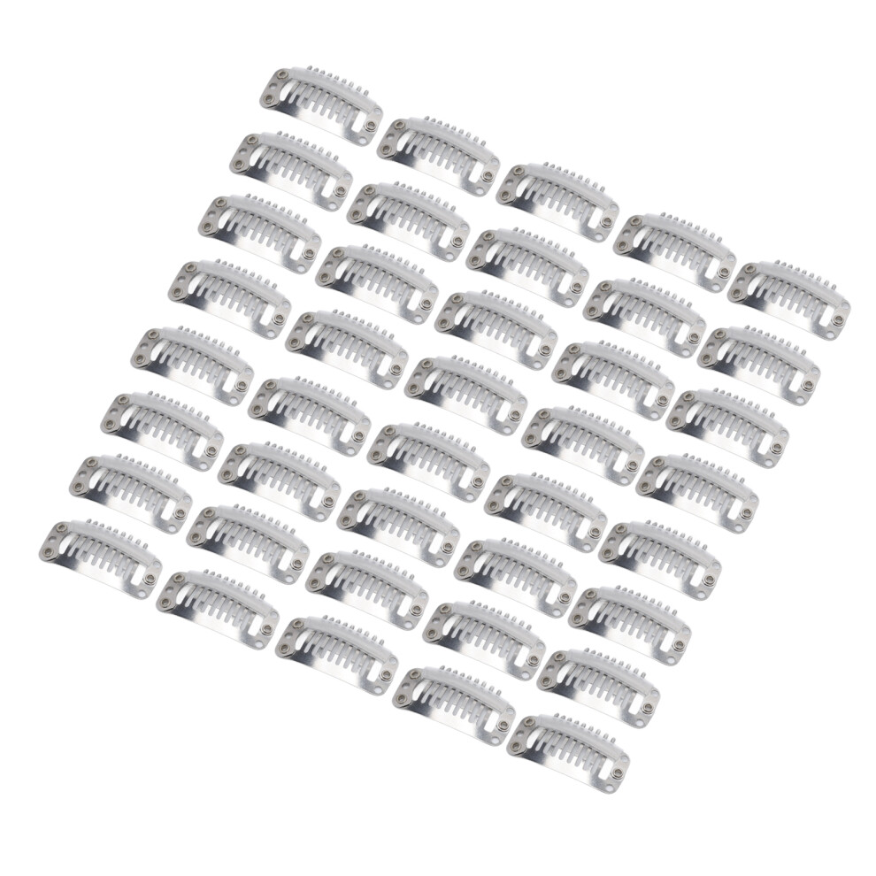 Unisex Silver 40Pcs Wig Clip Set Stainless Steel Diy 9 Teeth Snap Comb Hair Extension Clips Accessories 1.3In