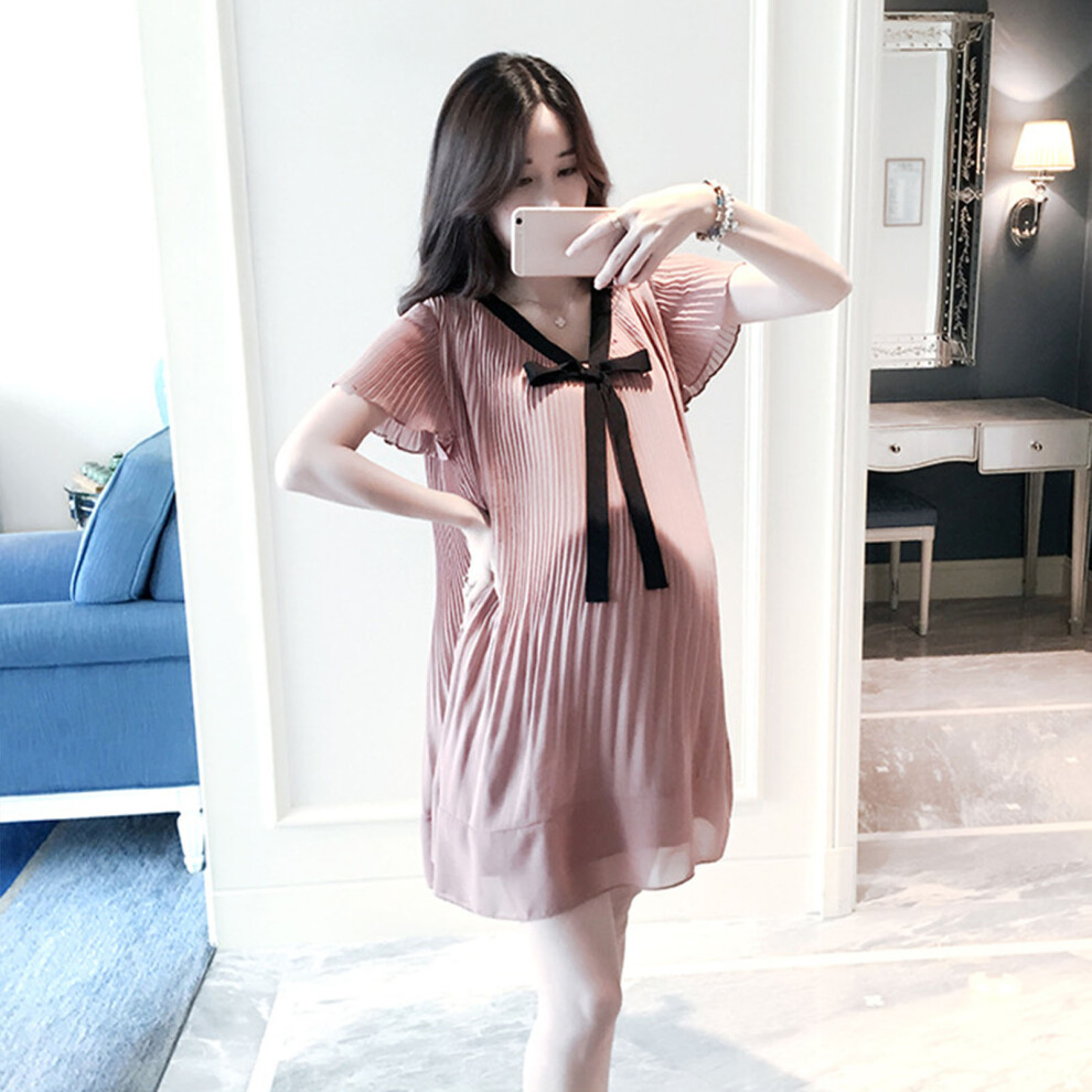 Women Loose Pleated Dress Soft Breathable Elegant Bow Maternity Dress for Daily Life Shopping Pink M-image-OPC-PHVMWXP-NEW