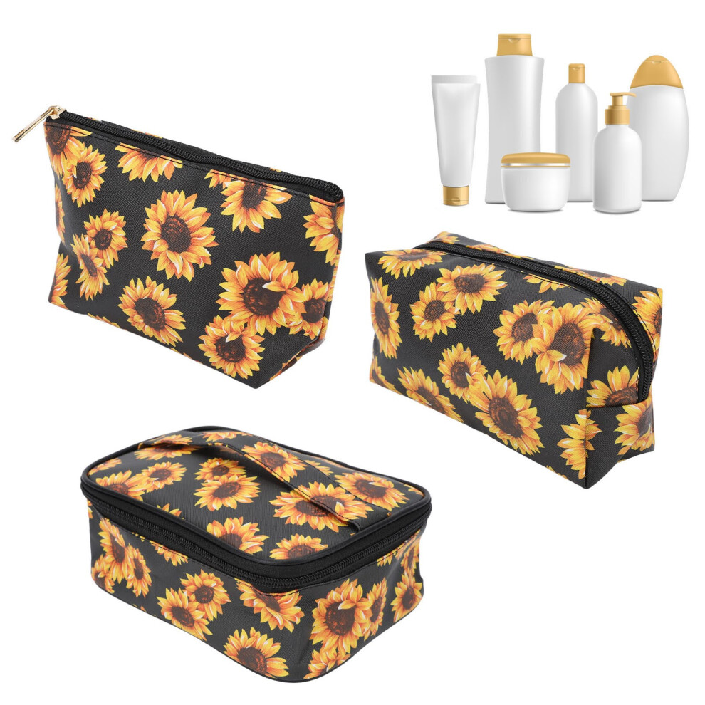 Gold 3Pcs Sunflower Makeup Bags Travel Toiletry Bag Portable Zipper Waterproof Storage Case Cosmetic Pouch
