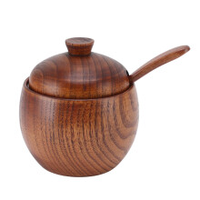 Wood Spice Jar Sugar Bowl Salt Box Seasonings Storage Container with Spoon Lid Kitchen Tool