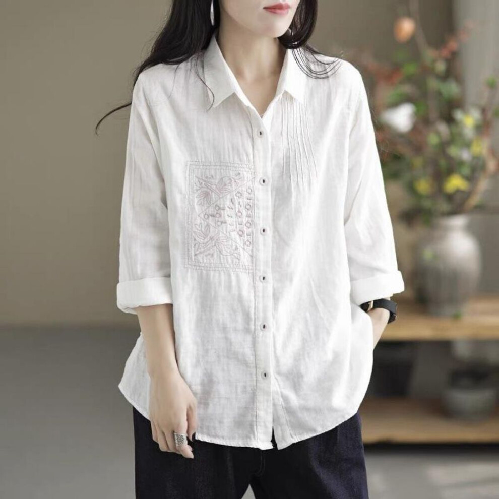 (S, white) Spring And Autumn Literary Retro Cotton And Linen Embroidery Pleated Lapel Tops Loose Casual Solid Color Women Cardigan Shirt Plus Size