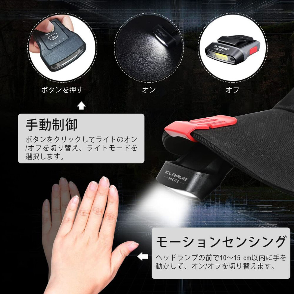 Klarus Hc3 Led Clip-on Cap Lightweight Cap Light Headlamp, White And Red Light With Sensor Control, 5 Dimmable Modes, For Hunting, Camping, Fishing