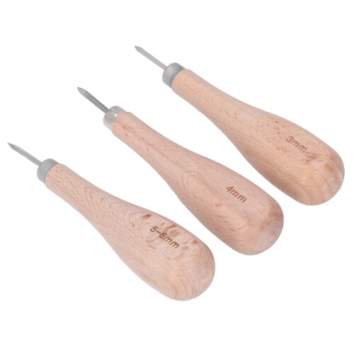 3 Stück Lederahle mit Buche-Griff 3 mm/4 mm/5-6 mm
