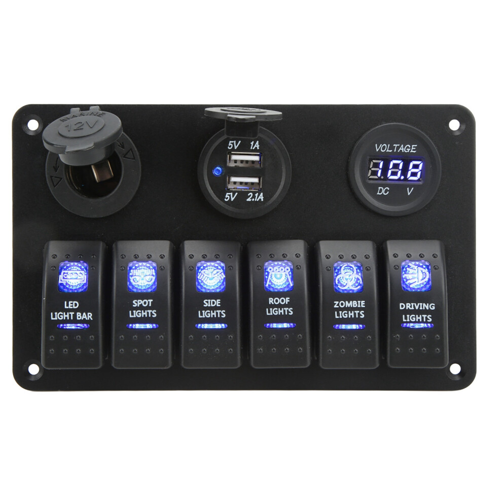 12V 24V 6 Gang Rocker Switch Panel With Voltmeter Dual Usb Port Blue Backlight Waterproof For Marine Boat Rv Suv Truck 3231321481163