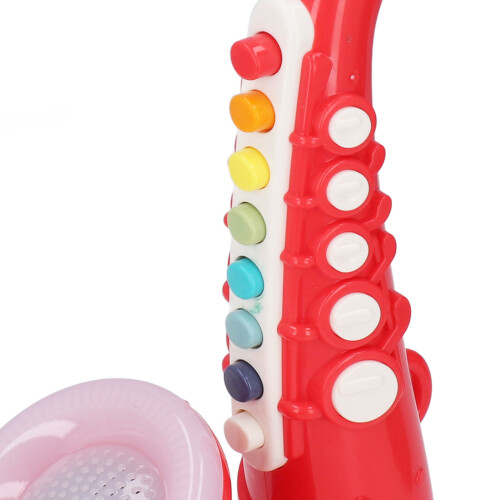 Saxofón de juguete rojo, de plástico ajustable, 3 pilas AA 2