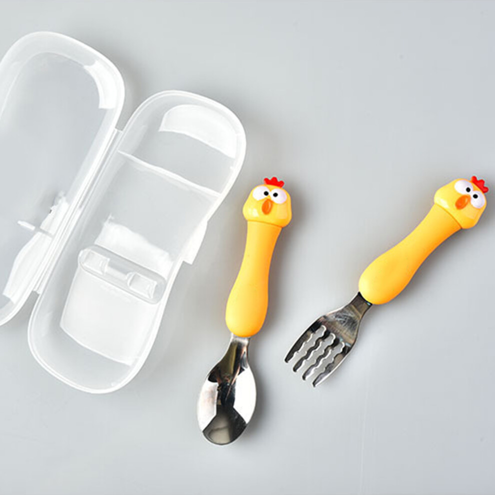 Baby Fork Spoon Plastic Handle Stainless Steel Tableware For Children Feeding Training Chicken (Yellow) Yellow