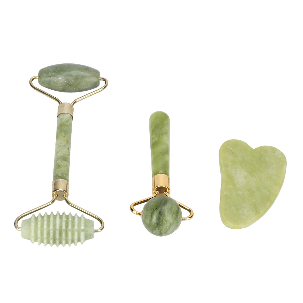 3pcs Jadestone Face Roller Portable Skin Lifting Firming Beauty Guasha Board Face Massage Roller Set