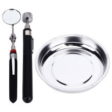 Magnetic Parts Tray Set Round Stainless Steel with Pick Up Tool Telescoping Mirror for Garage