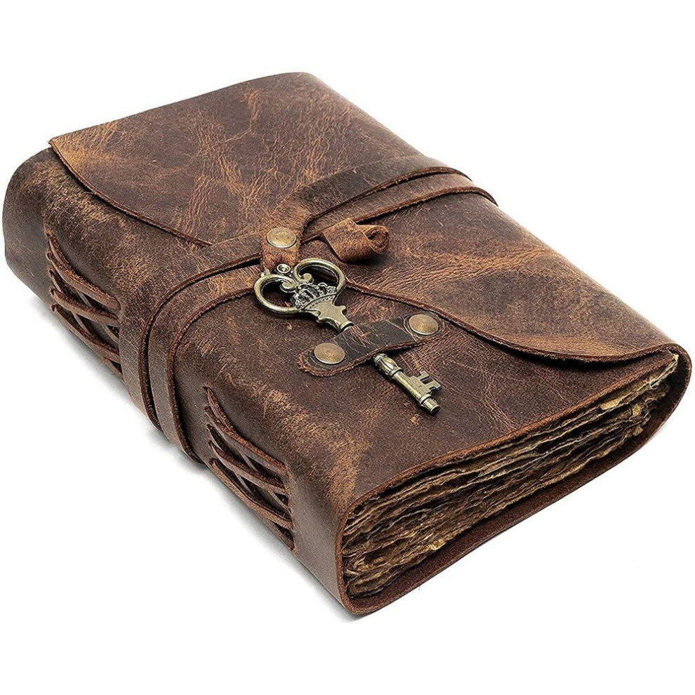 (brown, 7 Inches X 5 Inches) Vintage Journal Leather Diary Writing Notebook Unique Handmade Embossed Travel Diary (deckle Edge Paper Diary)