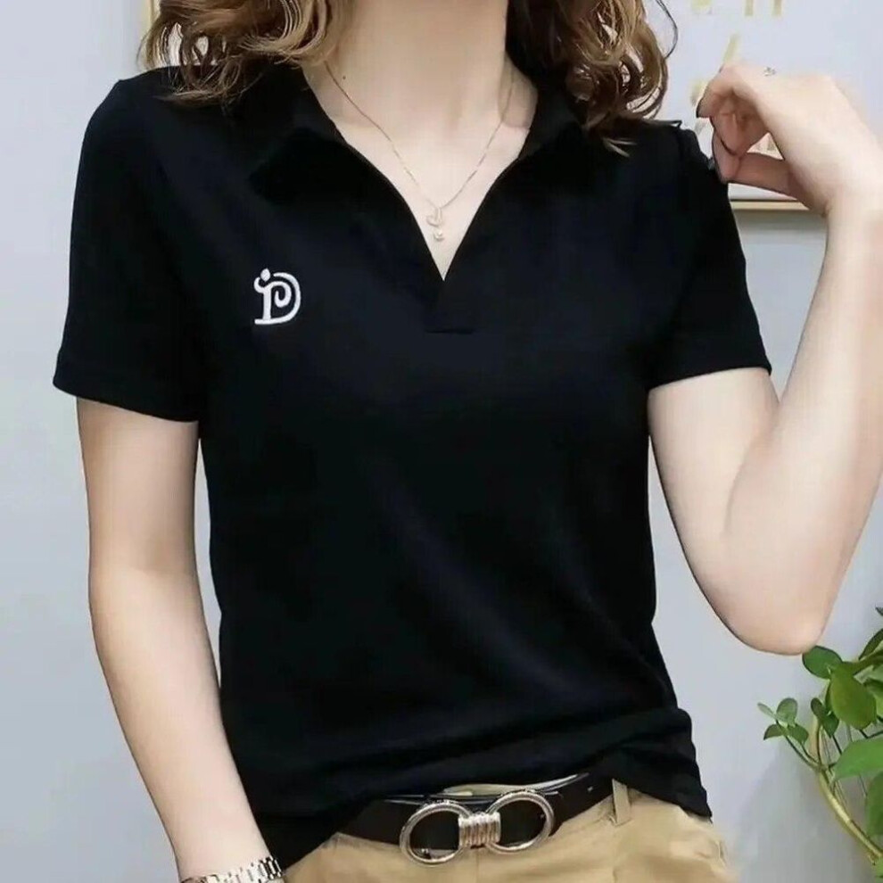 (4XL, black) Polo T Shirt For Women Short Sleeve New Summer V-neck Letter Pullover Knitted Tees Female Clothing Plus Size Ladies Tops