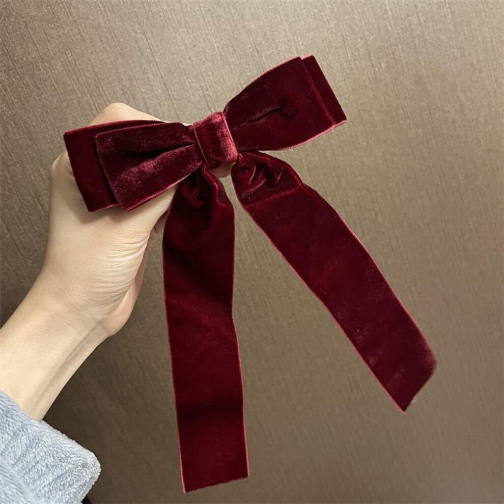 Unisex Red (Wine ) Vintage Velvet Bow Hairpins Barrettes For Women Girls Wedding Long Ribbon Korean Hair Clip Hairgrip Hair Accessories