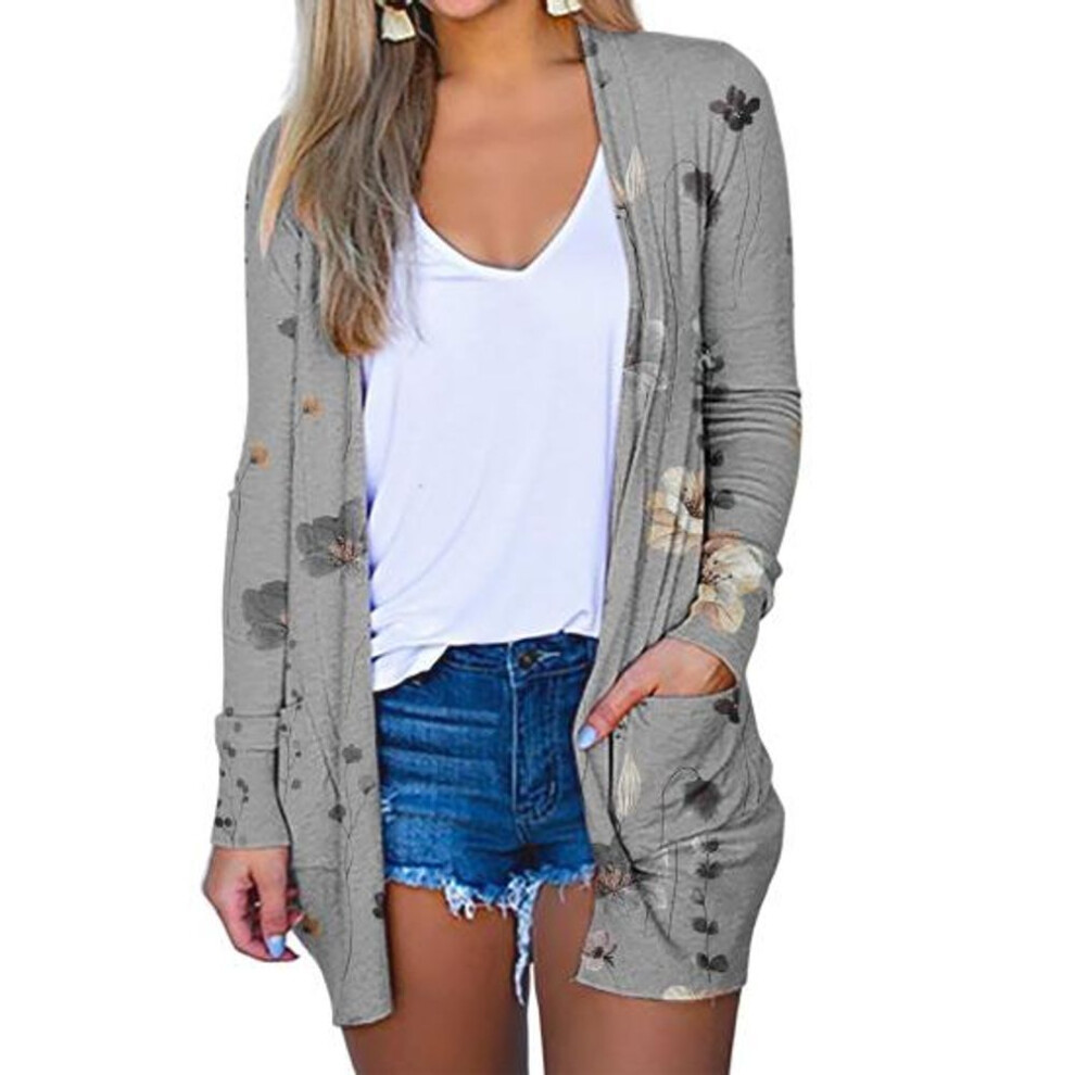 (2XL, grey) Women Summer Cardigan Sun Protection Anti-uv Beach Cover-up Long Sleeve Vintage Flower Print Patch Pockets Soft Breathable Mid Length Lady Jacket