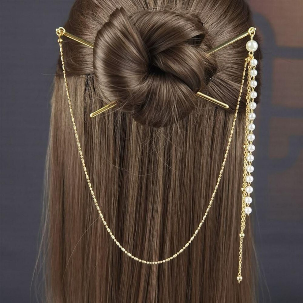 (Style 6) Gift Retro Hair Accessories Pearl Tassel Hair Fork Headdress Hair Sticks Double Strand Hairpins