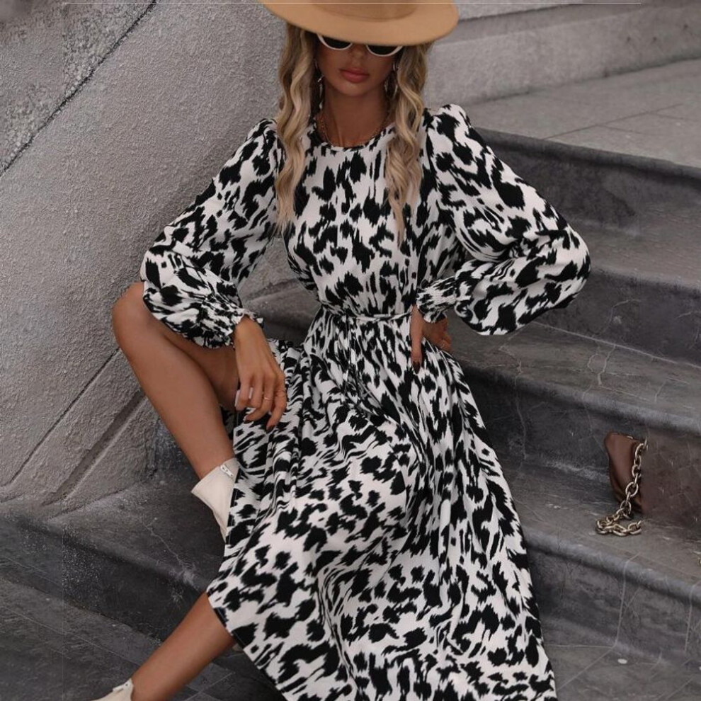 Women Spring Long Sleeve Leopard Print O-neck Dress Casual A-line Ankle-length High Waist Lace Up Dresses