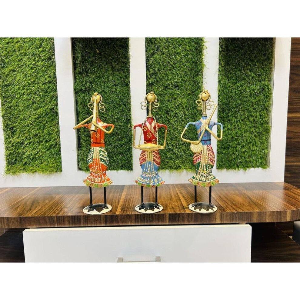Multicolor Set Of 3 Rajasthani Tribal Metal Handicraft Muisician Showpiece Statue Table Decorative Items For Home