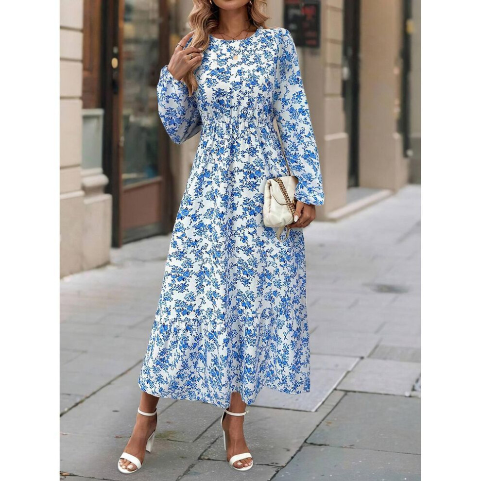 (sky blue, S) Women Spring Long Sleeve Floral Print O-neck Dress Summer Casual A-line Ankle-length Elastic High Waist Loose Dresses