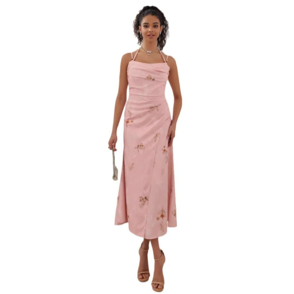 (pink, XL) Spring Summer Women Sleeveless Print High Waist Sling Dresses A-line Pink Camisole Long Dress Xs-xl