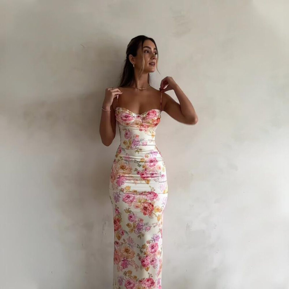 (red, M) Women Spring Sleeveless Floral Print Slim Suspender Camisole Dress Summer Casual Ankle-length High Waist Pencil Dresses S-xl