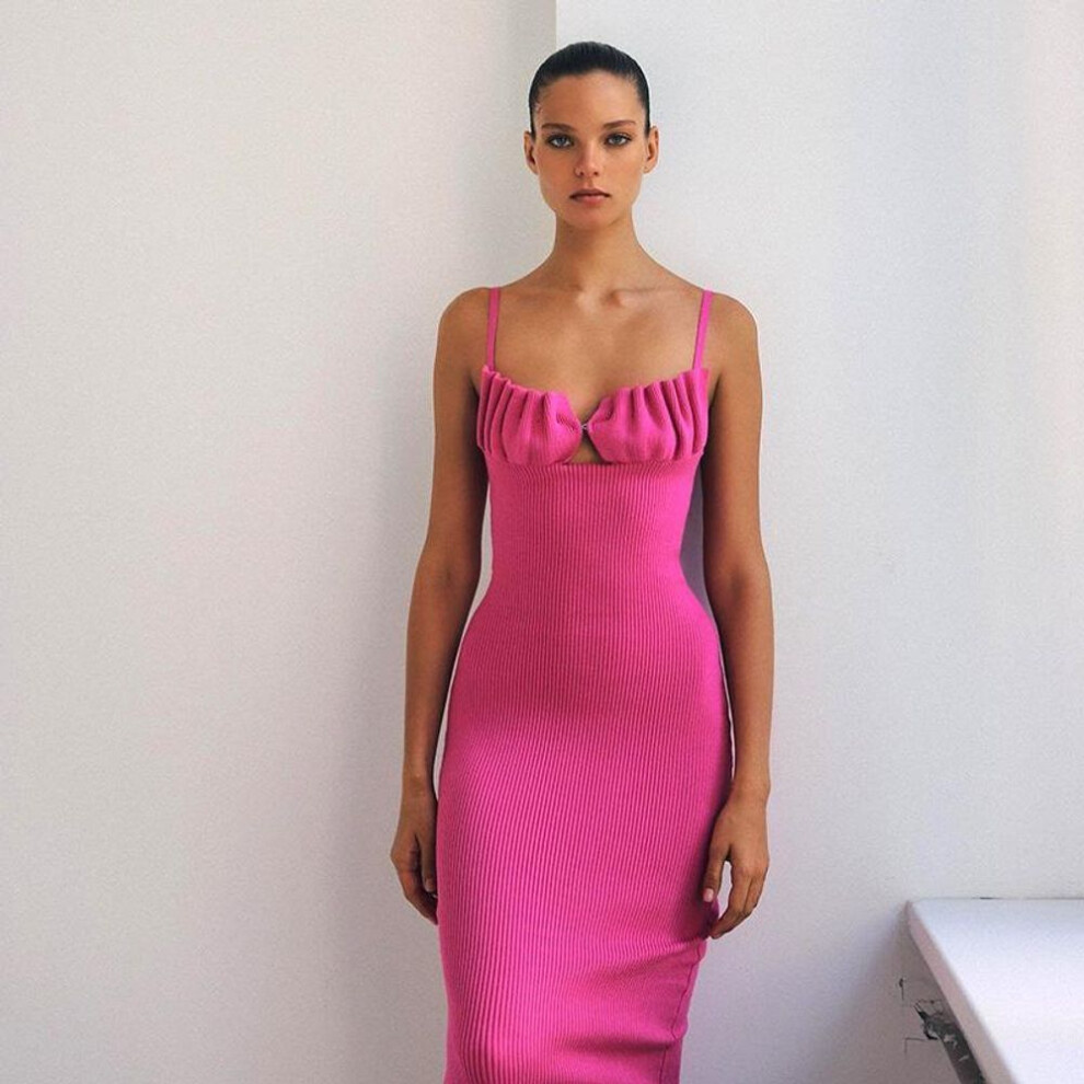 (rose red, L) Women Spring Sleeveless Solid Color Strapless Knitted Camisole Dress Summer Casual Slim Ankle-length Backless High Waist Slit Pencil Dresses S-xl