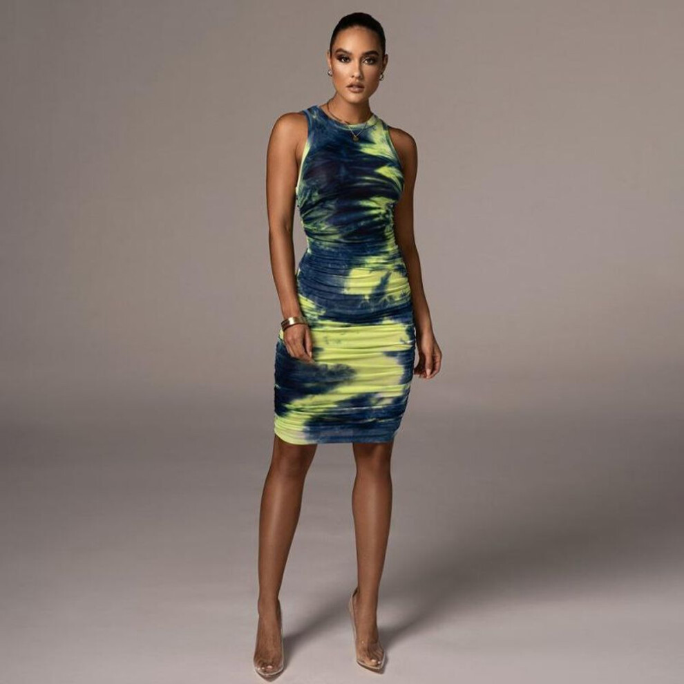 (green, XL) Women Spring Sleeveless Print Vest Dress Summer Casual O-neck Slim Knee-length High Waist Pencil Dresses S-xl