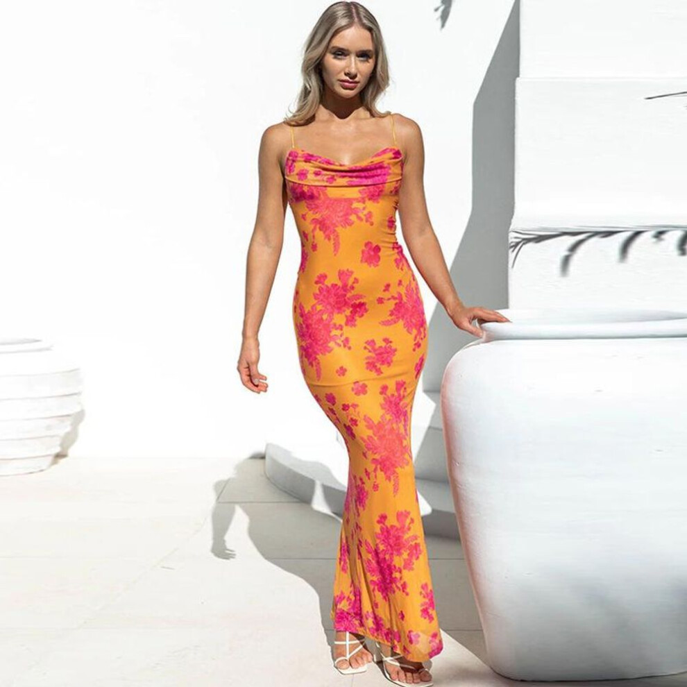 (orange, L) Women Spring Sleeveless Print Strapless Camisole Dress Summer Casual Slim Pencil Ankle-length Backless High Waist Slit Dresses