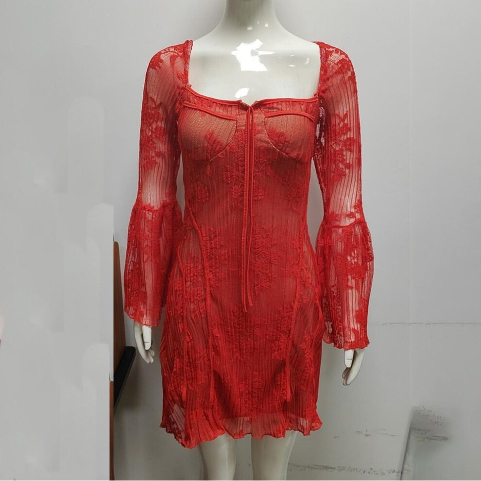 (red, S) Women Spring Summer Trumpet Long Sleeve Lace Solid Pleated Dresses High Waist A Line Square Collar Short Dress