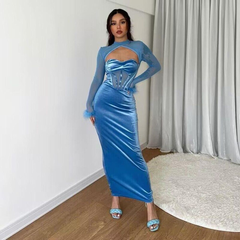(blue, XL) Spring Summer Women Plush Long Sleeve Solid Color Dresses High Waist Slim Mesh Splicing Hollow Boat Neck Long Dress S-xl